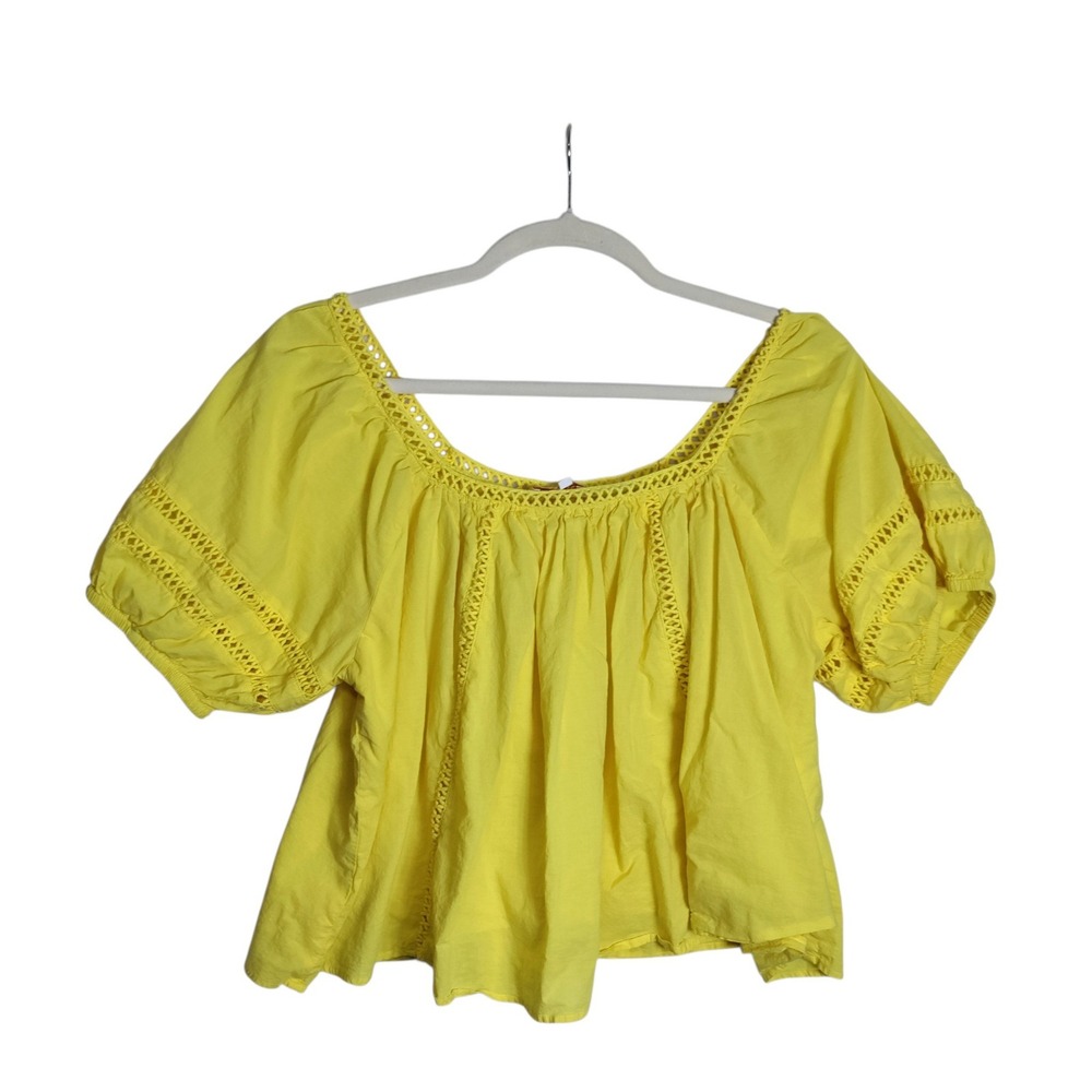 MNK Yellow Cotton Crochet Trim Puff Sleeve Boho Blouse XL